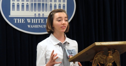 Parkway South Middle School student in The White House Decision Center at the Harry S. Truman Library and Museum