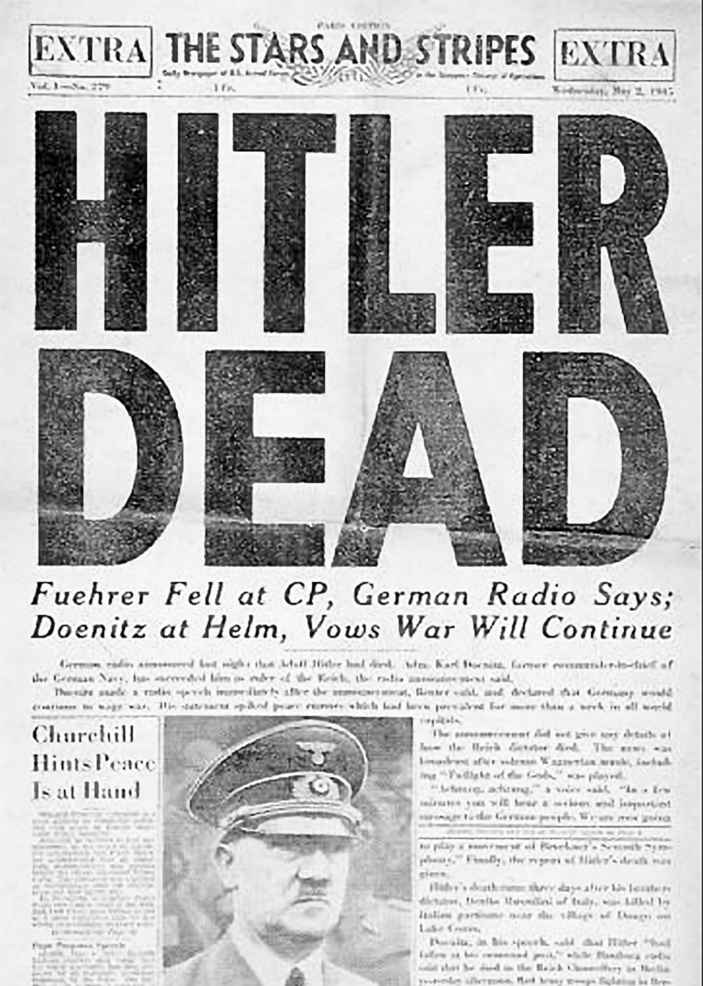 The May 2, 1945 issue of The Stars and Stripes announcing Hitler’s death, May 2, 1945.