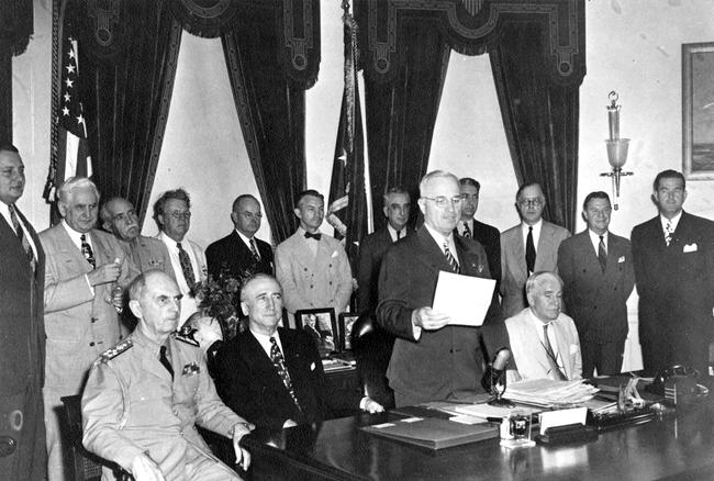 Truman at News Conference Announcing End of WWII