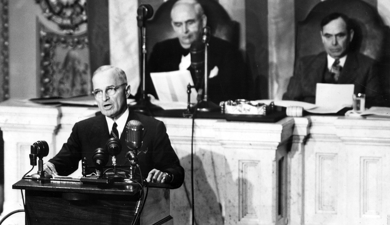 President Truman addresses a joint session of Congress.