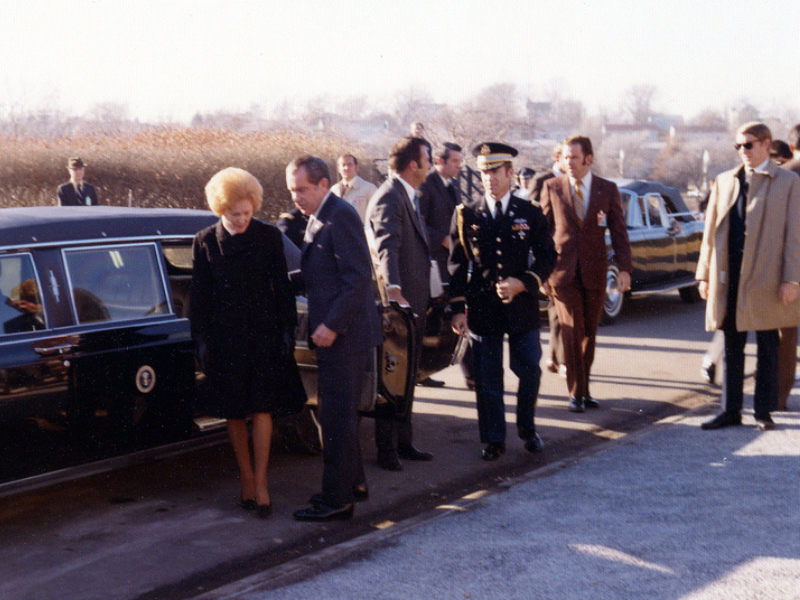 Pat and President Richard Nixon arrive at Truman's funeral.