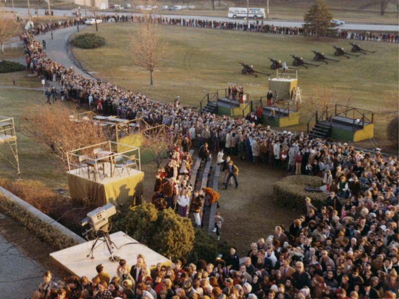 Thousands of Kansas City area residents waited for an average of two hours to file past a closed casket draped with an American flag bearing 48 stars, the number of states in the Union when President Truman occupied the White House.