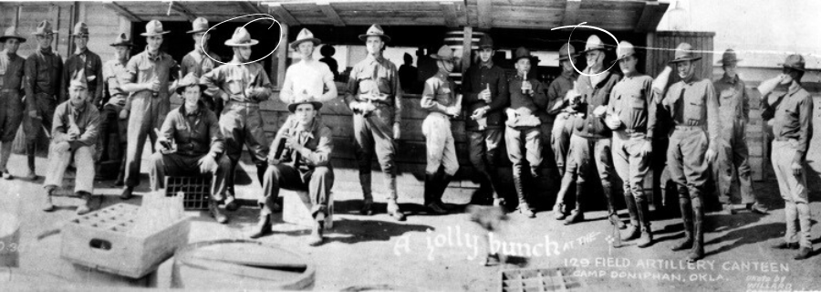 Harry S. Truman and others pose in front of the 129th Field Artillery Canteen Camp Doniphan, Oklahoma.