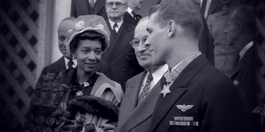 President Truman (center) with Ensign Jesse Leroy Brown's widow, Daisy Pearl Brown, and his wingman, Lieutenant Thomas J. Hudner, April 13, 1951.