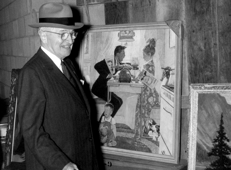 Harry S. Truman with the newly acquired Norman Rockwell, prior to the opening of the Harry S. Truman Library in 1957